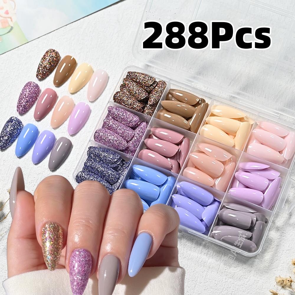 Nail Art Gliter - 288Pcs Glossy Macaron Medium Almond Fake